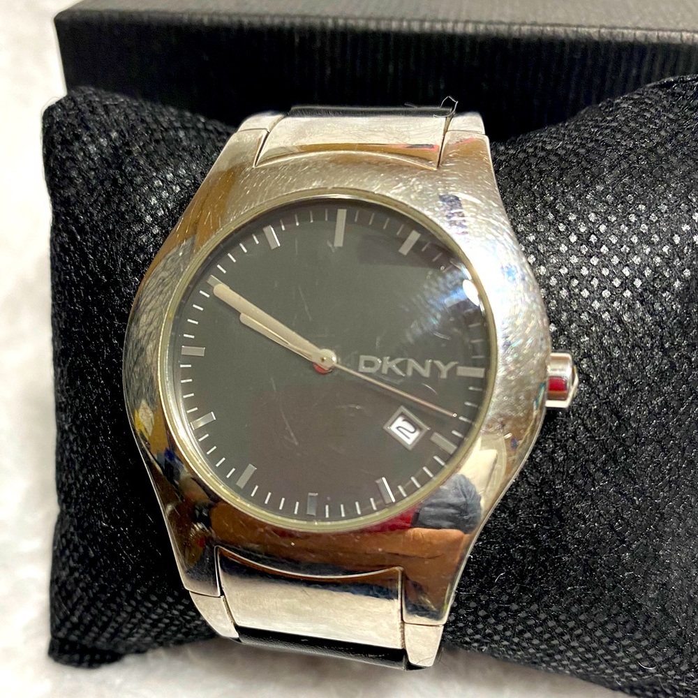 DKNY men’s black leather and stainless steel
